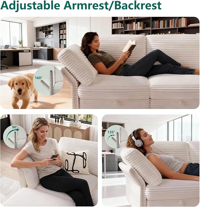Modular Sectional Sofa with Adjustable Backrest, Convertible L/U-Shaped Sleeper Couch for Living Room, Cloud Sofa Bed Modern Reversible Design, White
