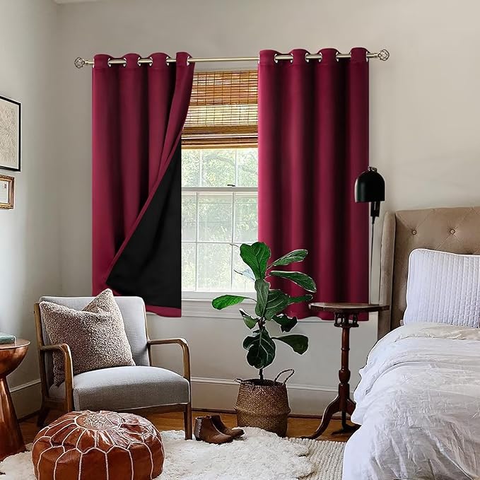 BGment Short 100% Blackout Curtains for Bedroom, Thermal Insulated Lined Energy Efficiency Noise Reducing Grommet Curtains 54 Inch Length for Small Window 2 Panels Each 52 Inch Wide, Burgundy Red