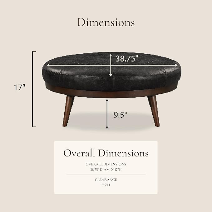 POLY & BARK Gio Ottoman – 30” Round with Feather-Down Topper – Full-Grain Leather Upholstery – Couch Ottoman for Living Room – Italian Leather in Onyx Black