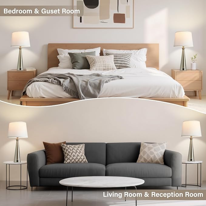 Seealle Modern Table Lamps Set of 2 - Touch Bedside Lamp for Nightstand with Dual USB C+A,3-Way Dimmable Silver Nightstand Lamps for Living Room Bedroom End Table with White Shade(Bulb Included)