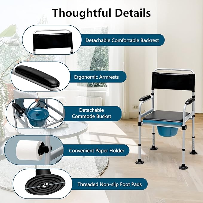 Goplus 4-in-1 Folding Bedside Commode, 440lbs Commode Chair for Toilet with Arms, Padded Seat, Height Adjustable Bedside Toilet, Shower Chair, Adult Potty Chair for Seniors Elderly Disabled Bariatric