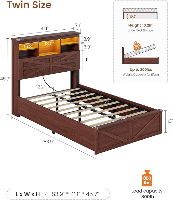 AOGLLATI Farmhouse Twin Bed Frame with Lift Up Storage & Hidden Bookcase Storage Headbord, Wood Bed Frame Twin with Charging Station, Led Lights, No Box Spring Needed, Brown