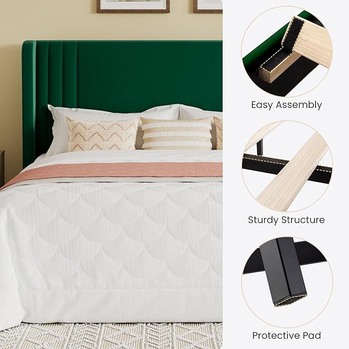 SHA CERLIN Full Size Velvet Upholstered Platform Bed Frame with Vertical Channel Tufted Wingback Headboard, Wooden Slats Support, Easy Assembly, Under Bed Storage, No Box Spring Required, Green