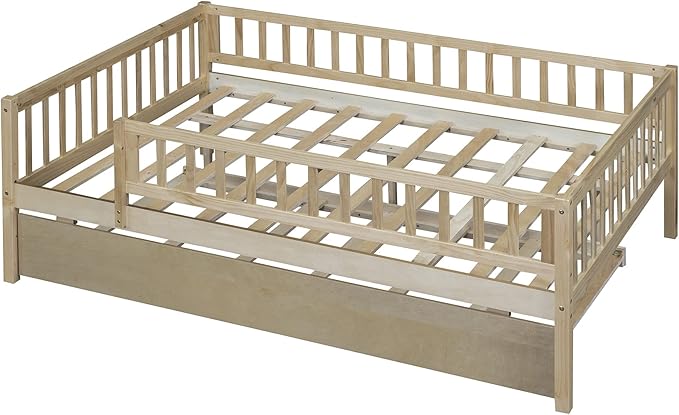 Bellemave Full Size Bed Frames with Rails for Kids, Full daybed Frame with Trundle for Boys/Girls/Adults， Natural