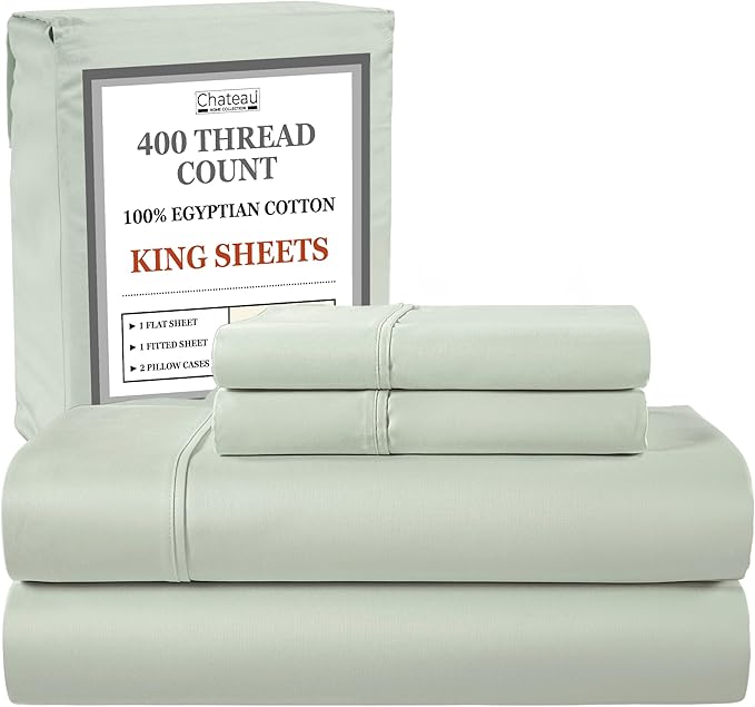 100% Cotton 400 Thread Count King Size Sheets Set, 15" Deep Pocket King Sheets & Pillowcases, 4 Piece Soft Breathable Naturally Cooling Luxury Bedding, Machine Washable- Mineral