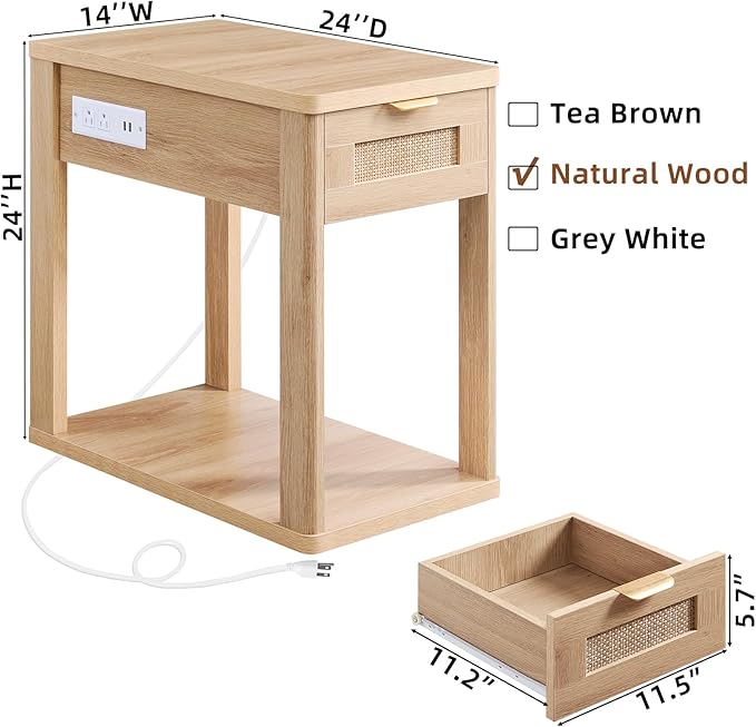 LEYAOYAO Narrow Side Table Set 2, 24x14'' Rattan Night Stand with Charging Station Drawer Storage,Natural Wood Bedside End Table for Small Spaces,Boho Nightstand for Living Room Bedroom