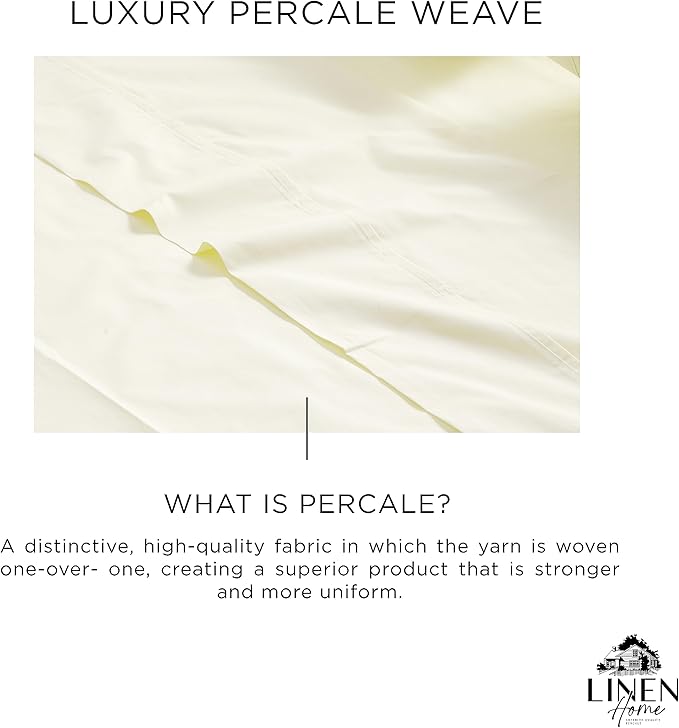 Linen Home 100% Cotton Percale Sheets Queen Size, Cream, Deep Pocket, 4 Pieces Set - 1 Flat, 1 Deep Pocket Fitted Sheet and 2 Pillowcases, Crisp Cool and Strong Bed Linen