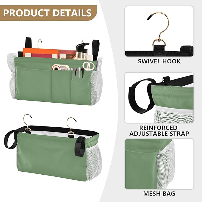 KOPIRIT Blue Gray Bedside Caddy Storage Bag Bedside Organizer for College Dorm Top Bunk Bed Hanging Bag Bedside Shelf 6 Pockets with Hooks for Drinks Magazine Phone Holder