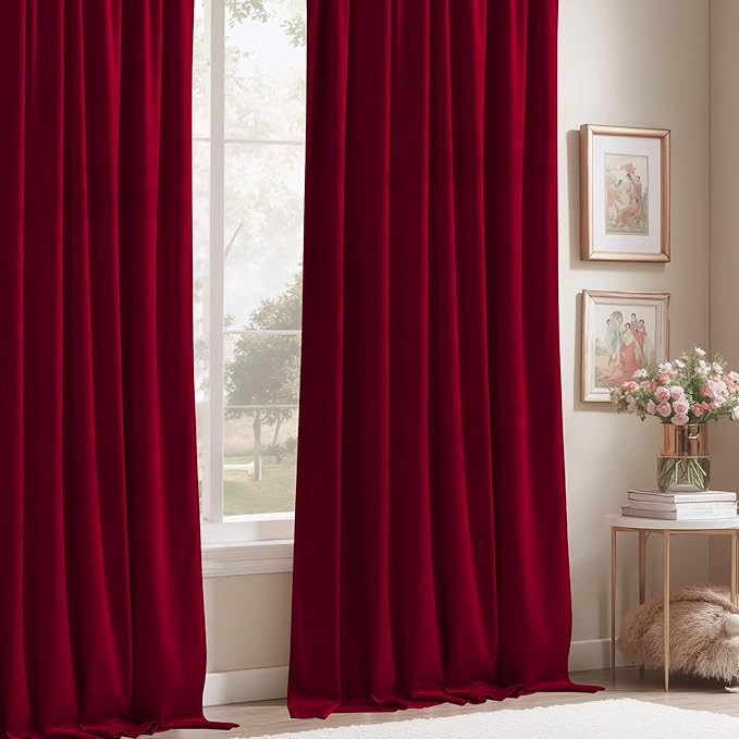 StangH Theater Red Velvet Curtains 120 inches Long, Luxury Christmas Home Decor Room Darkening Thermal Insulated Window Curtains for Living Room Bedroom, Rod Pocket Backdrops, W52 x L120, 2 Panels
