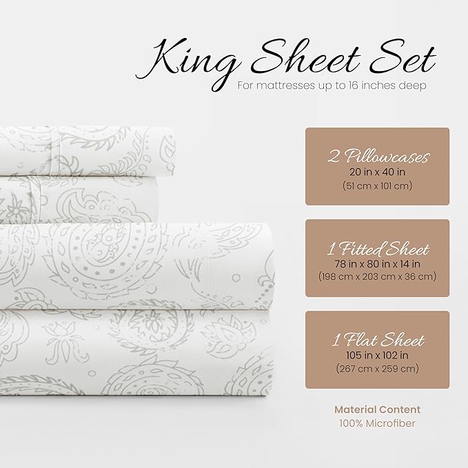 Linen Market 4 Piece King Sheet Set - Breathable, Double-Brushed Patterned Cooling Sheets – Oeko-TEX Certified Ultra Soft & Wrinkle-Free 16" Deep-Pocket King Sheets - Easy Care Coarse Paisley Gray