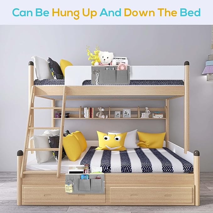 Kanrichu 2pcs Bedside Caddy Hanging Storage Bag, Organizer Baskets with Pockets for Bunk Bed Shelf and Hospital Beds, Loft & Dorm Rooms Chair Bed Rails Accessories (Bedside bag-Riceball)