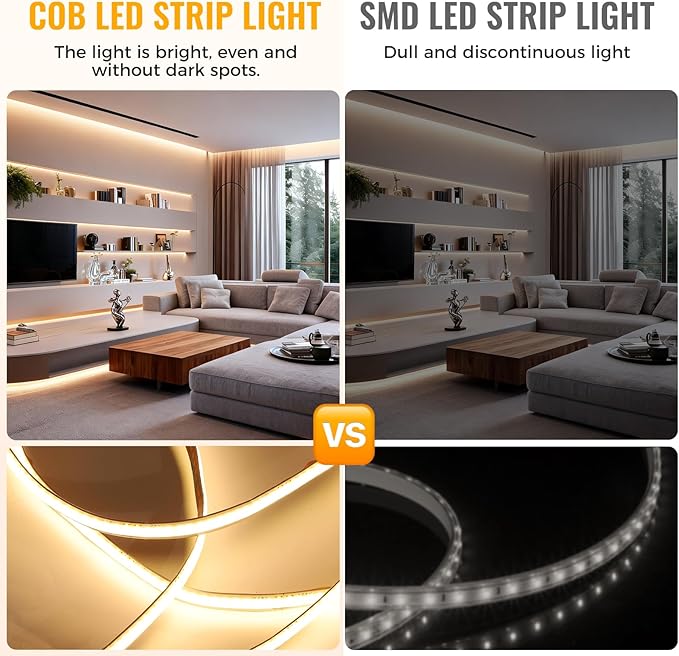 40Ft COB LED Strip Lights, Warm White 3000K Dimmable LED Light Strip with Remote, Seamless & No Strobe, Flexible & Cuttable, Complete Kit for Kitchen, Bedroom, Cabinet Lighting