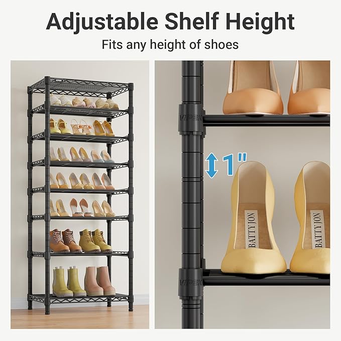 VIPEK S1 Shoe Rack, 8-Tier Metal Durable Shoe Organizer, Heavy Duty Large Capacity Up to 24 Pairs, Adjustable & Detachable Shoe Shelves for Entryway/Bedroom/Closet, Holds Up to 544 lbs, Black