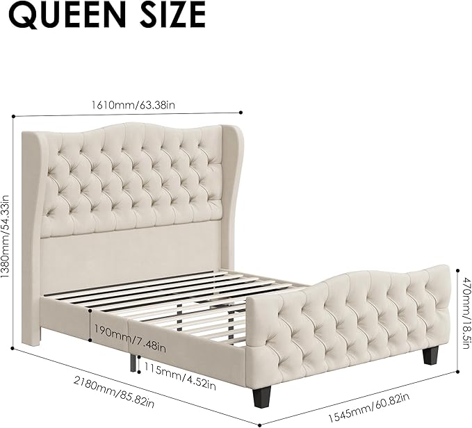 Keyluv Queen Size 54.3” Tall Platform Bed Frame with Deep Button Tufted Wingback Headboard and Footboard, Velvet Upholstered Bed Frame with Handmade Pleats, No Box Spring Needed, Beige/Cream