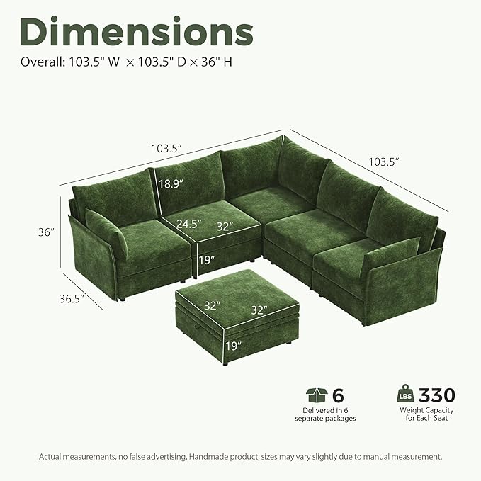 ABCASA 103.5" Oversized Modular Sectional Sofa, L Shaped Convertible Couch with Movable Ottoman, Large 6 Seat Corner Couches for Living Room Deep Seat- Green Chenille