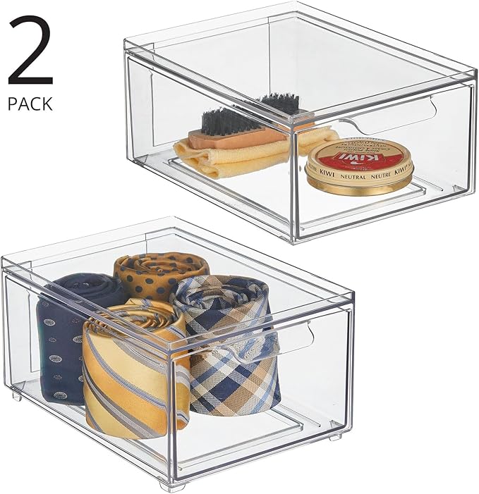 mDesign Stackable Storage Containers Box with 2 Pull-Out Drawers - Stacking Plastic Drawer Bins for Closet Organization, Linen, Coat, Bedroom or Entryway Closets - Lumiere Collection - 2 Pack - Clear