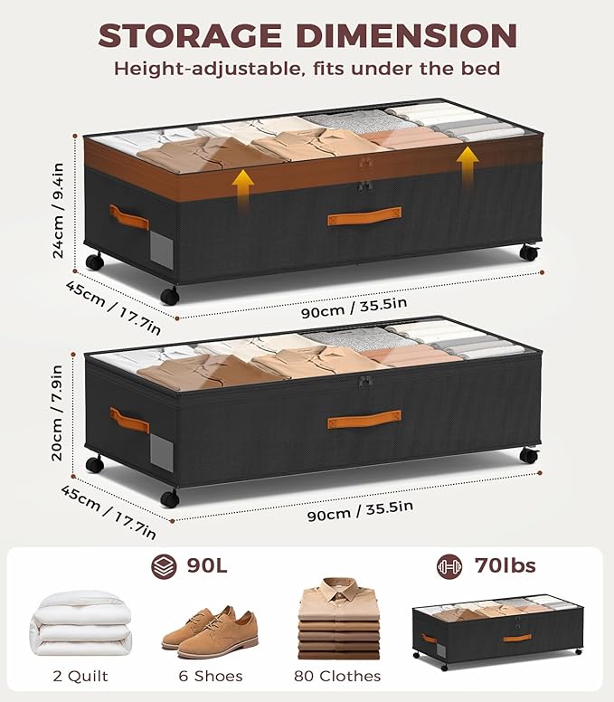 Under Bed Storage, 35.5 inches Under Bed Storage with Wheels, Large Capacity UnderBed Containers with Clear Lids, 2Pcs Rolling Under the Bed Storage for Clothes, Shoes, Blankets (Deep Black)