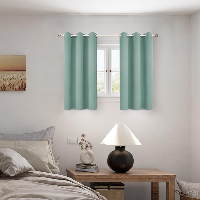 BGment Short 100% Blackout Curtains for Bedroom, Thermal Insulated Lined Energy Efficiency Noise Reducing Grommet Curtains 45 Inch Length for Small Window 2 Panels Each 42 Inch Wide, Frosty Green