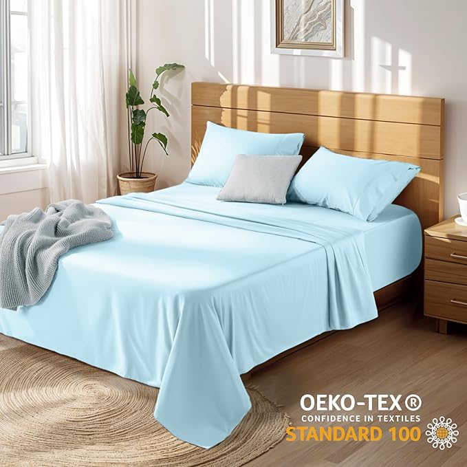 LBRO2M 100% Cotton Sheets Set Deep Pocket 19", 1000 Thread Count Queen Size 4 Piece Bed Sheet Sets Soft Comfortable Bedding All Season (Queen, Light Blue)