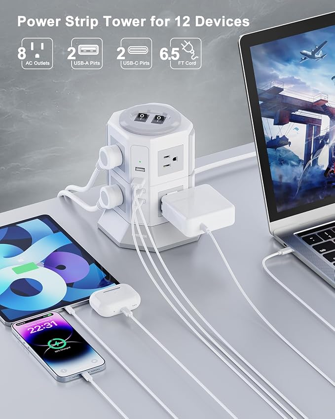 Tower Surge Protector Power Strip Flat Plugs with 8 Outlets 4 USB Ports (2 Type C), 6.5 FT Flat Extension Cord with Multiple Outlets, Charging Station with Surge Protection for Home Office Dorm