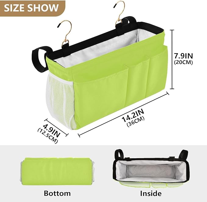 KOPIRIT Neon Yellow Bedside Caddy Storage Bag Bedside Organizer for Headboards Bunk Beds Organizer Caddy Hanging Shelf 6 Pockets with Hooks for Magazine Water Bottle Holder