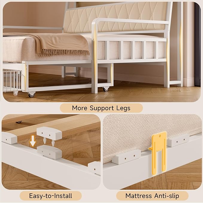 ONBRILL Twin Daybed with Trundle, Twin to King Daybed with Pop up Trundle, Metal Twin Day Bed Frame with Storage Drawers, Upholstered Headboard & Power Outlet for Living Room & Guest Room, White