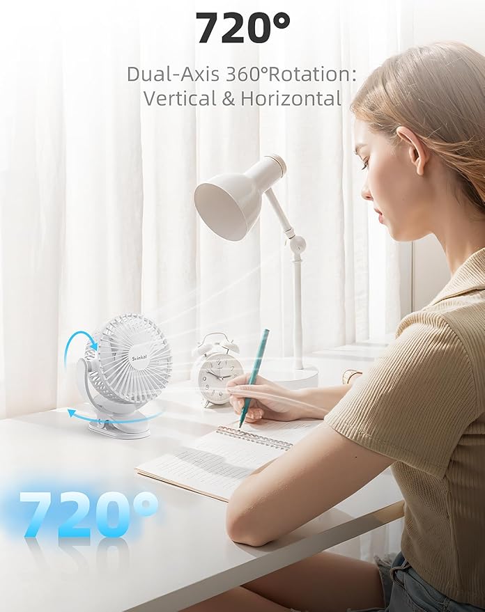 Svinkal usb Personal Clip on Fan 2400mAh Battery Operated 6in, Type C, 3 Speed, 720 adjustment, Small Portable Fan for Table, Bedroom, Desk, dormitory, Camping, Stroller, Golf Cart
