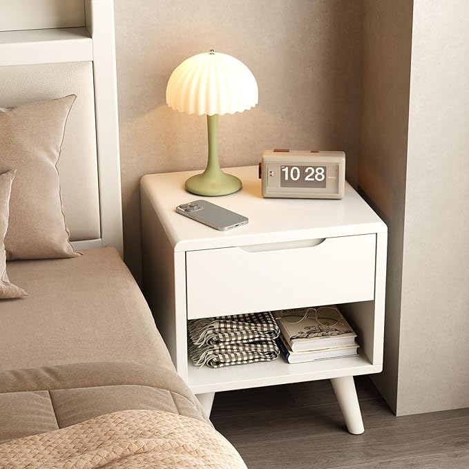 Solid Wood Nightstand White Night Stand with Drawers Mid Century Modern Nightstand with Storage,Wood Night Stand,Small Bedside Table for Bedroom,Living Room,Office,White Bedside Table