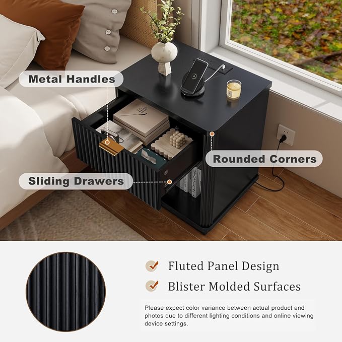 LYNCOHOME Fluted Nightstand Set of 2 with Charging Station, Bedside Table for Bedroom with 1 Drawer Storage, Side Table for Bedroom（Black）