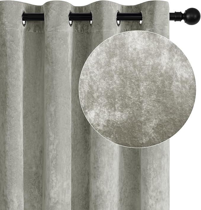 Silver Grey Crushed Velvet Curtains 52x96 inch Luxurious Thermal Insulated Soundproof Drapes for Living Room Bedroom Office Soft and Durable Light-Filtering Window Treatments, 2 Panels