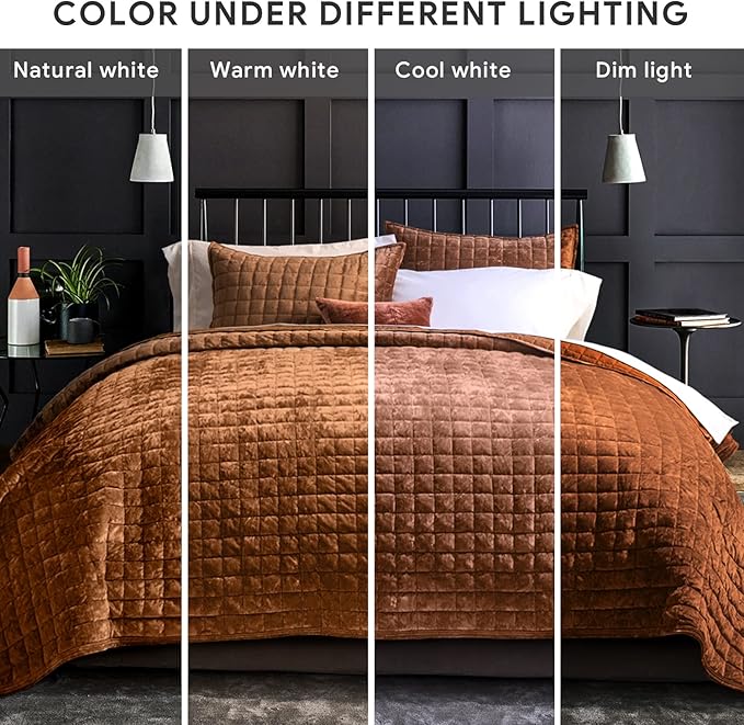 RECYCO Luxury Velvet Quilt Set King Size Bedding Sets, Ultra Soft Velvet Comforter Set, Lightweight Oversized Bedspread Quilted Coverlet for All Season, with 2 Pillow Shams, Rusty Burnt Orange