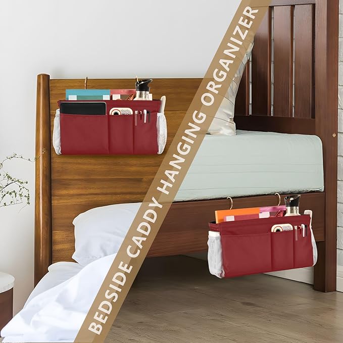 KOPIRIT Navy Red Bedside Caddy Storage Bag Bedside Organizer for College Dorm Top Bunk Bed Hanging Storage Organizer 6 Pockets with Hooks for Drinks Magazine Phone Holder