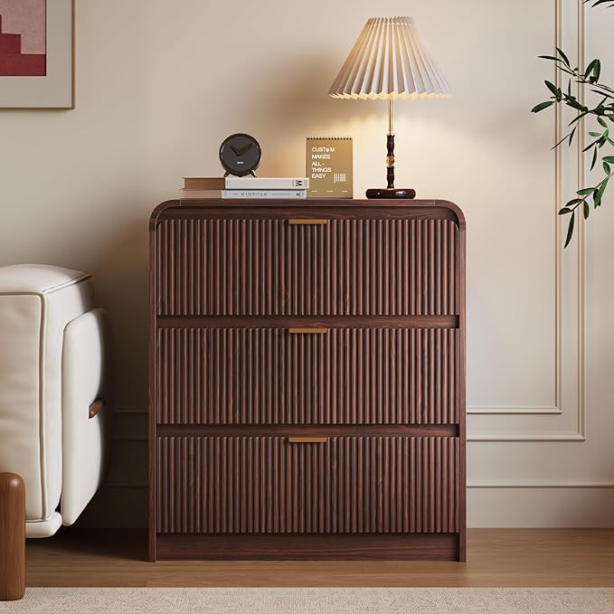 FURSUN 32" Tall Fluted Nightstand Set of 2, 3 Drawers Wooden End Table w/Storage, Curved Profile Design, Modern Bedside Table for Bedroom, Dark Walnut