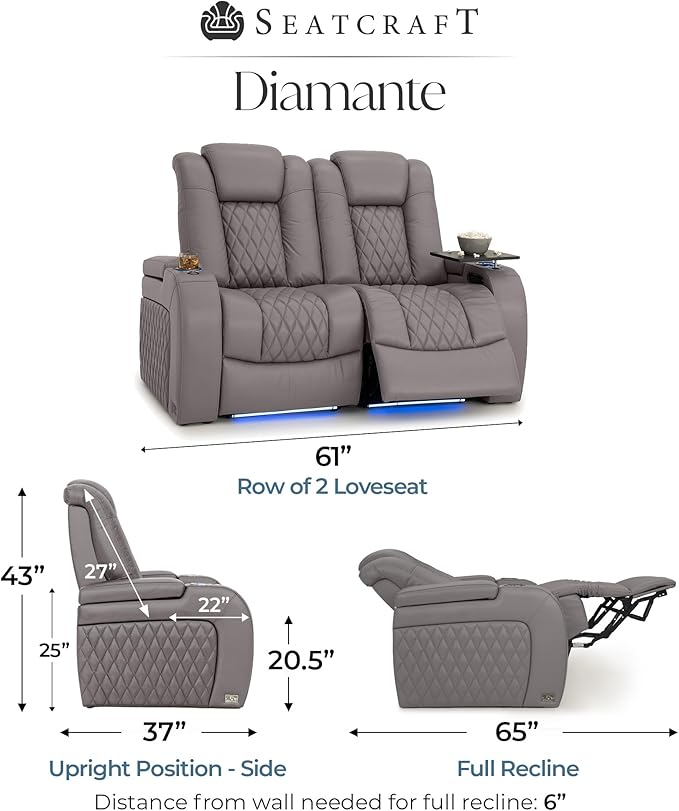 Seatcraft Diamante Zero-Gravity CoolZero Italian Leather Home Theater Seating, Power Headrest, Power Recline, Row of 2 Loveseat, Gray