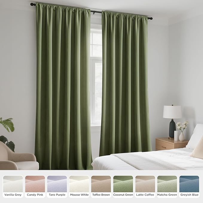 Joydeco Coconut Green Velvet Curtains 108 Inches 2 Panels, Luxury Thermal Insulated Soft Green Curtains for Bedroom & Living Room, Room Darkening Velvet Drapes, Rod Pocket (52W x 108L)