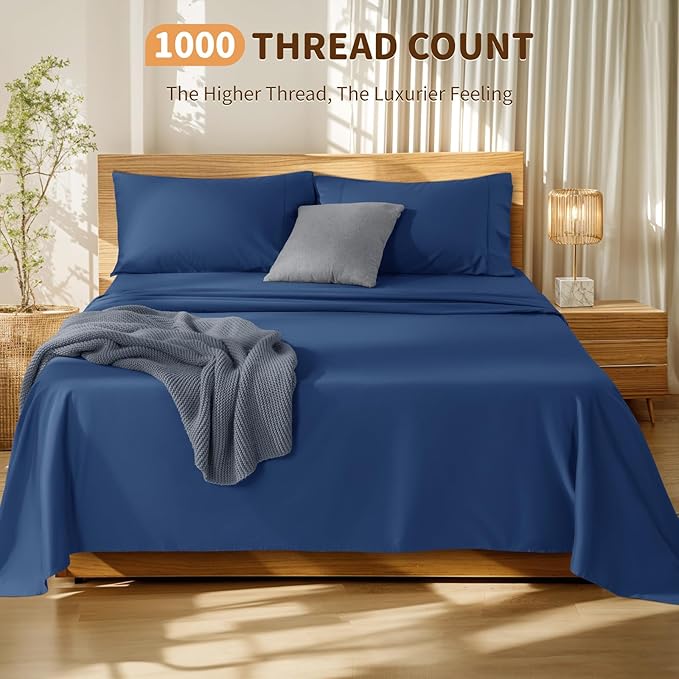 LBRO2M 100% Cotton Sheets Set Deep Pocket 19", 1000 Thread Count Queen Size 4 Piece Bed Sheet Sets Soft Comfortable Bedding All Season (Queen, Navy Blue)
