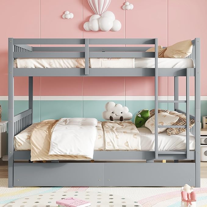 Full Over Full Bunk Bed with Storage Drawers,Convertible Bunk Beds with Ladder & Safety Guardrails,Full Size Bunk Beds for Kids Girls Boys,Grey