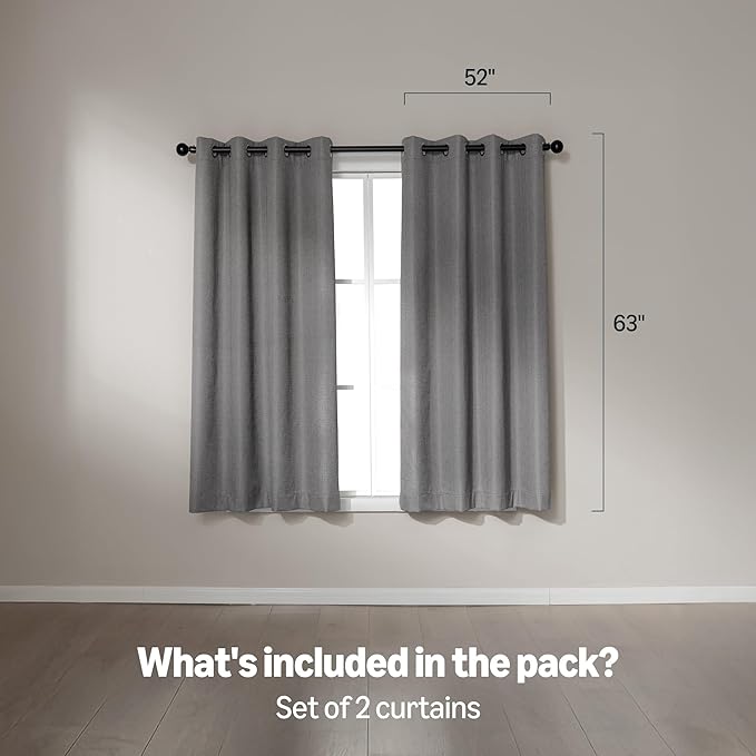 Amazon Basics Faux Linen Blackout Curtains for Bedroom and Living Room, 2-Piece Set with Grommets, 52" W x 63" L, Grey