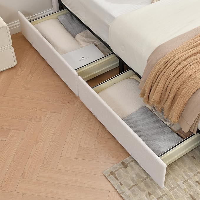 VELOCAVA Queen Size Upholstered Bed with 4 Storage Drawers, Modern Upholstered Bouclé Platform Frame with Curved Headboard, Sturdy Wood Slats, Rounded Corners, No Box Spring Needed, Cream White