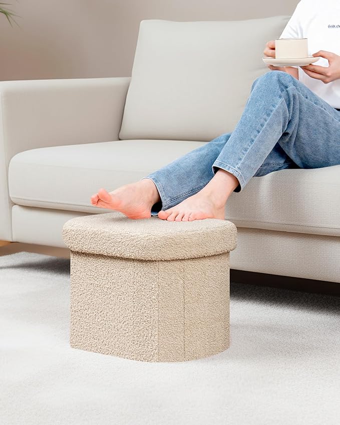 B FSOBEIIALEO Storage Ottoman for Dorm Room, Boucle Folding Storage Ottoman Foot Rest, 16.14 Inches Small Collapsible Ottoman Cube for Living Room Beige