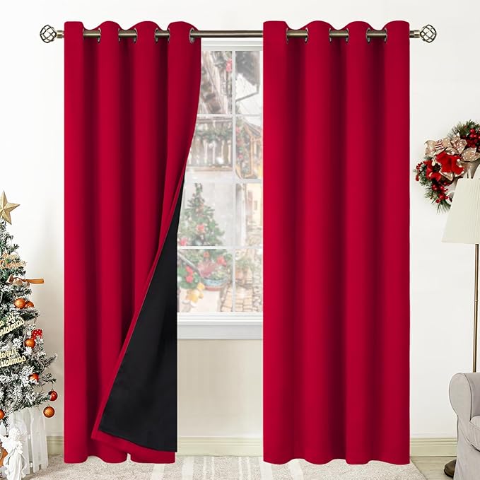 BGment Christmas 100% Blackout Curtains Thermal Insulated with Liner for Living Room Decoration - Grommet Double Layer Energy Saving Bedroom Curtain Drapes (52 x 84 Inches, Red, 2 Panels)