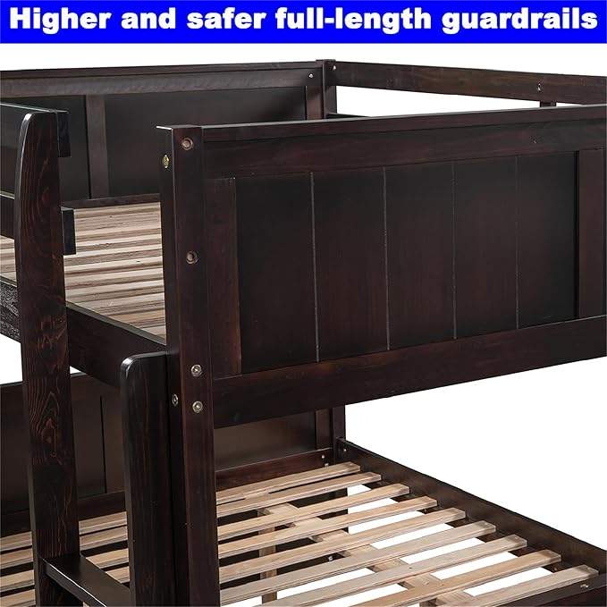 Upgraded Version Best Full Over Full Bunk Bed with Trundle, Thicken Solid Wood Full Size Bunk Bed, Bunkbed Frame Full Over Full, Convertible to 2 Beds, Easy Assembly for Adults (Espresso)