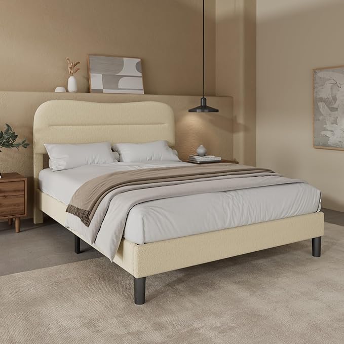 Full Size Bed Frame, Upholstered Cloud Bed Frame with Headboard, Teddy Soft Rounded Corners Boucle Fabric Bed Frame Full, Modern Style, Beige