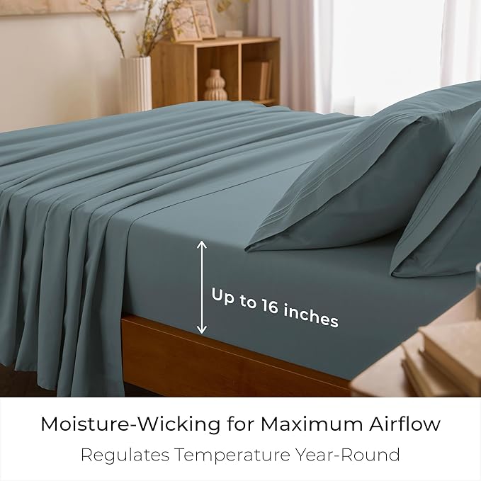Mellanni King Sheet Set - 6-Piece Iconic Collection Bedding, (Including 4 Pillowcases), 16-Inch Deep Pocket, Easy Care, Extra Soft, Cooling Sheets, Brushed Microfiber - Spa Blue