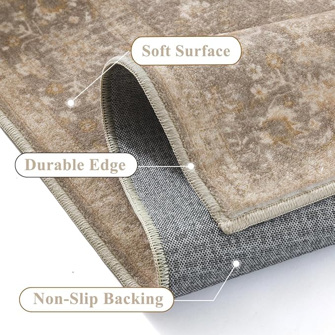 5x7 Deep Brown Area Rug Non Slip Vintage Living Room Distressed Machine Washable Carpet Traditional Indoor Bedroom Deep Brown Retro Floral Accent Throw Rug for Office Kitchen Dorm Dining Room