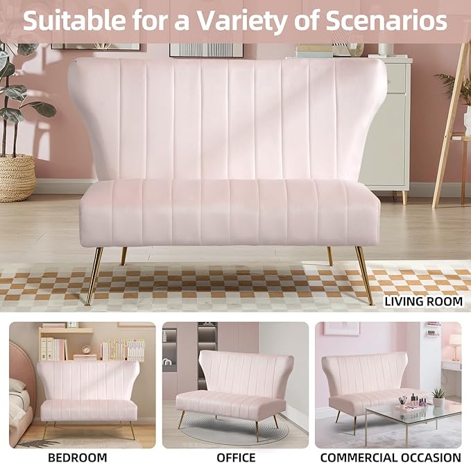 50’’ Armless Loveseat Sofa, Comfy Upholstered Velet Small Couch Sofa with Gold Legs, 2 Seater Tufted Modern Couch for Living Room, Bedroom, Apartment Small Space (Light Pink)