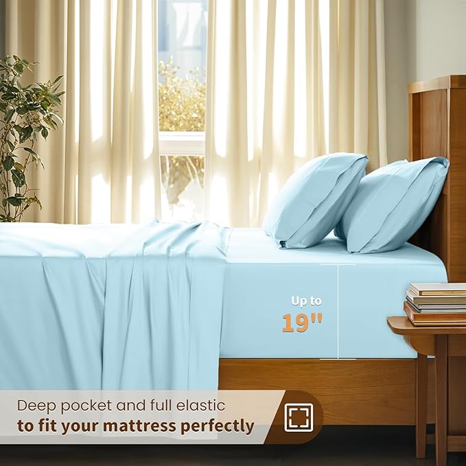 LBRO2M 100% Cotton Sheets Set Deep Pocket 19", 1000 Thread Count Queen Size 4 Piece Bed Sheet Sets Soft Comfortable Bedding All Season (Queen, Light Blue)