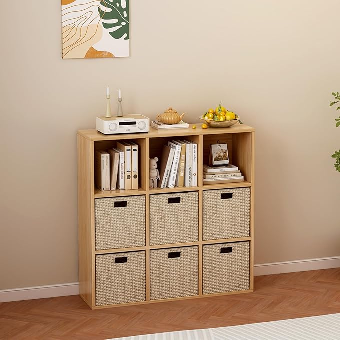 OSCHF 9-Cube Storage Shelf Bookcase - Wooden 3-Tier Floor Standing Open Bookshelf for Home and Office, Display Cabinet, Oak