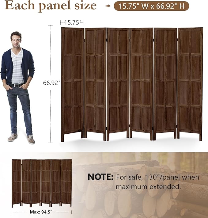 6 Panel Room Divider, 5.6Ft Wood Room Dividers and Folding Privacy Screens, Room Divider Wall Freestanding Room Partitions, Room Dividers Screen for Home Office Bedroom, Dark Brown