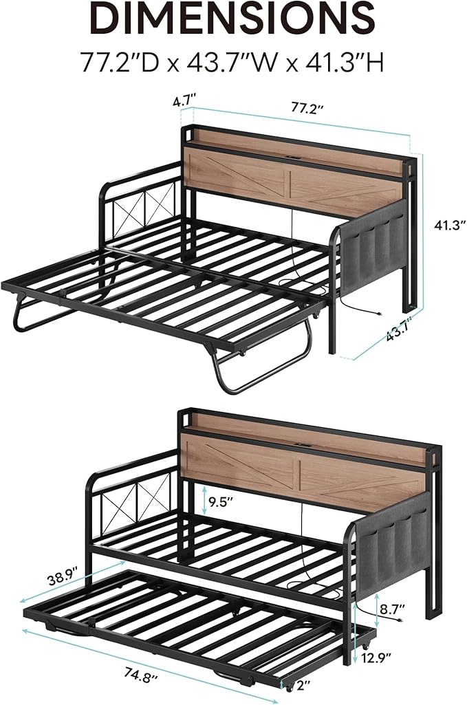 LIKIMIO Twin Daybed with Trundle Bed, Storage Headboard with Charging Station, Sofa Day Bed with Strong Supports for Living Room, Bedroom, and Guest Room, Wood Color